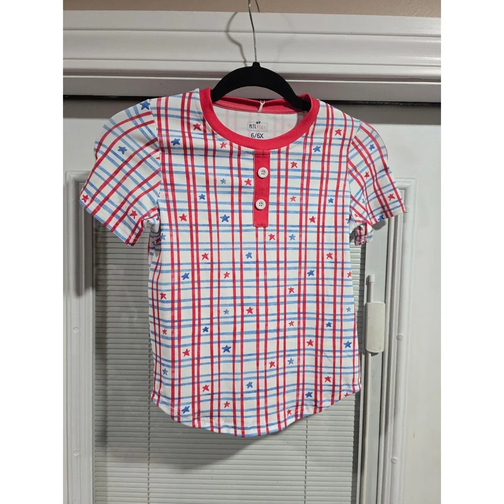 Pete + Lucy Kids Red White Blue Plaid Star Henley Shirt Patriotic 4th July 6/6X